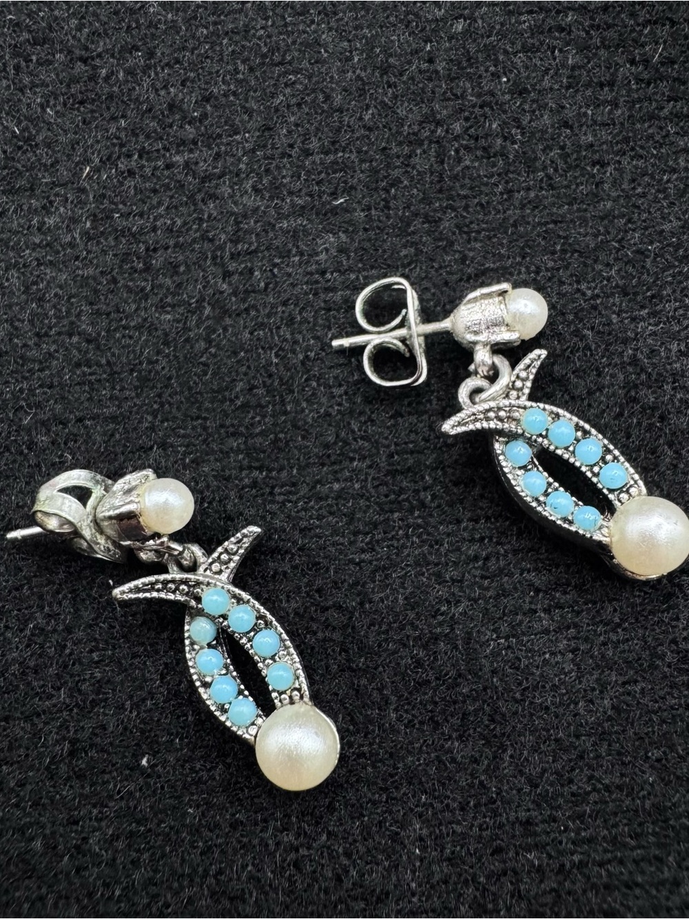 Fish Dangle Turquoise-Colored Stones Faux White Pearl Earrings